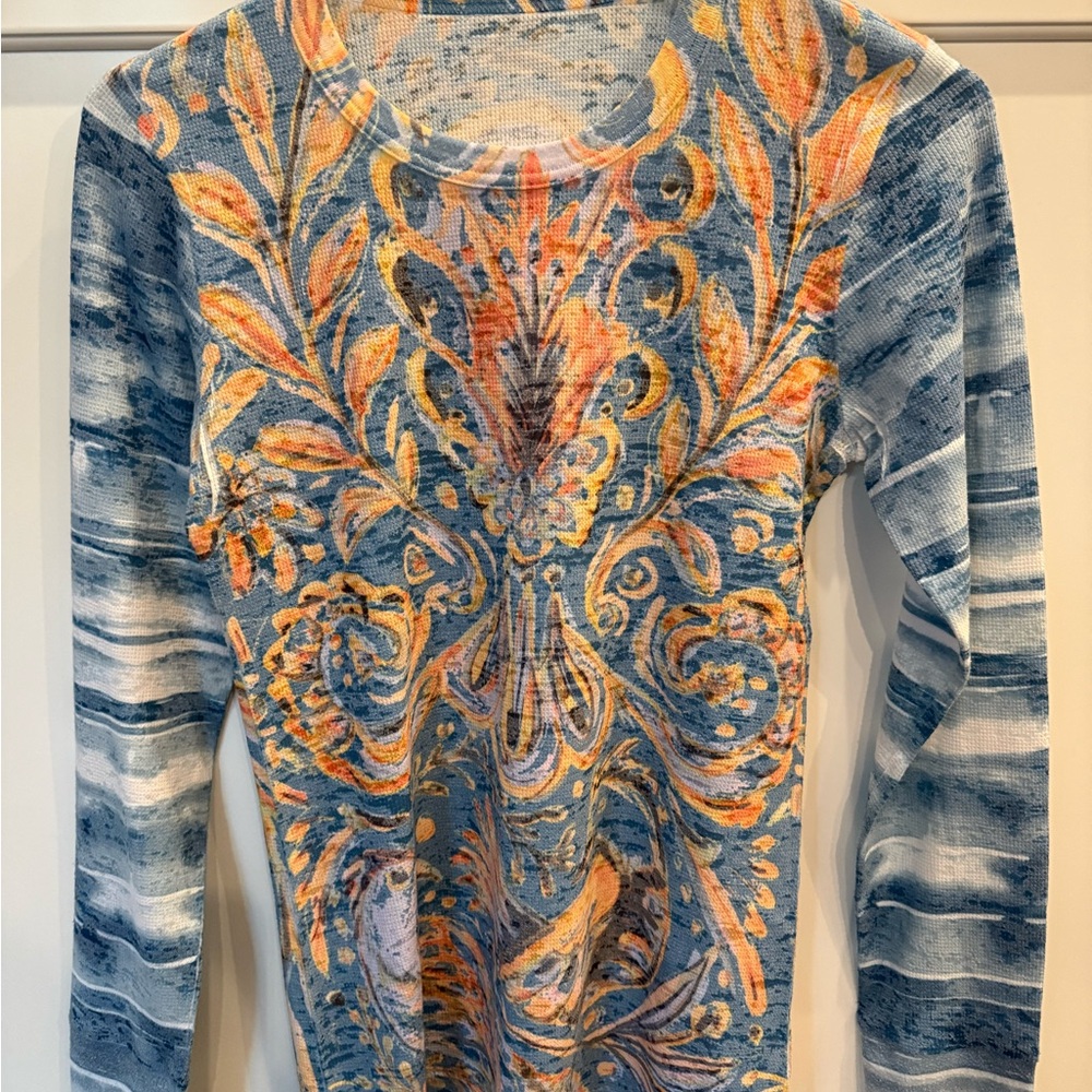 Sundance “Whimsy Rose” Light Blue and Orange Cotton Tee
